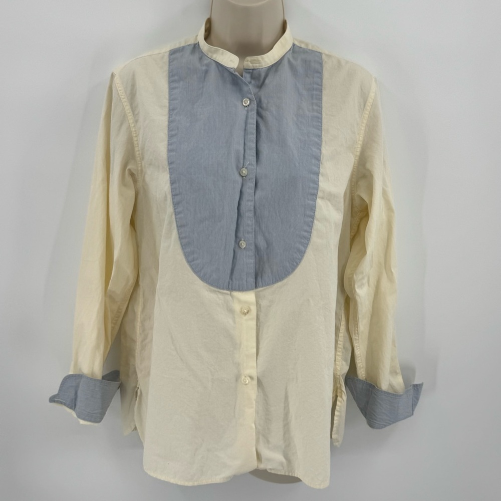 Lauren Ralph Lauren Women’s Bib Front Button-Up Shirt Cream Blue Size M (R1)